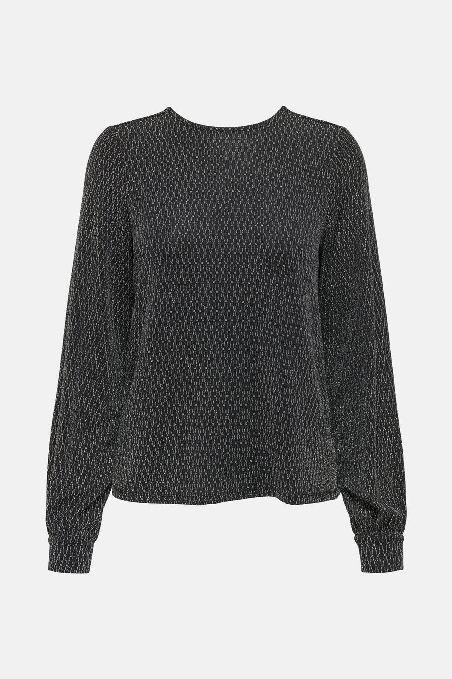 Zwarte blouse met lange mouwen van ONLY, met een geometrisch patroon en een licht glanzende textuur.
