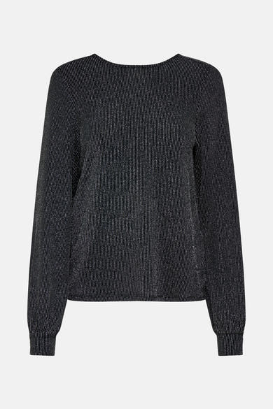 Zwarte blouse met lange mouwen van ONLY, met fijne zilveren strepen over de gehele stof.