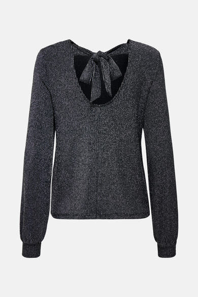 Zwarte blouse met lange mouwen van ONLY, met een decoratieve strik op de rug en een glanzend streepmotief.