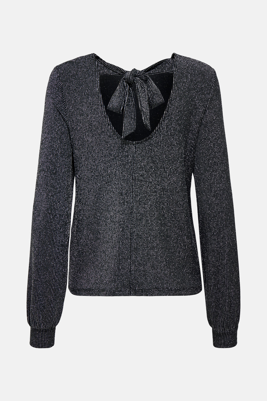 Zwarte blouse met lange mouwen van ONLY, met een decoratieve strik op de rug en een glanzend streepmotief.