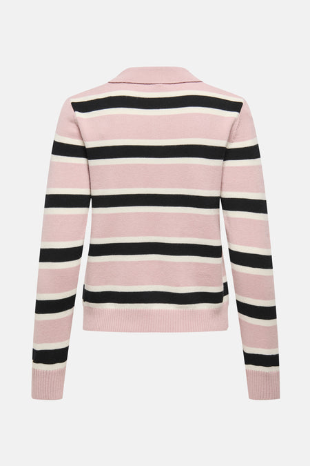 Pull rose rayé de ONLY®, vue arrière, avec col et rayures noires et blanches.
