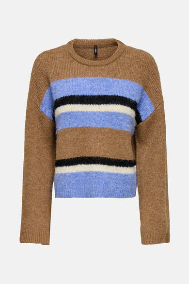 Pull col rond multicolore de ONLY, avec des rayures horizontales bleues, noires et blanches.