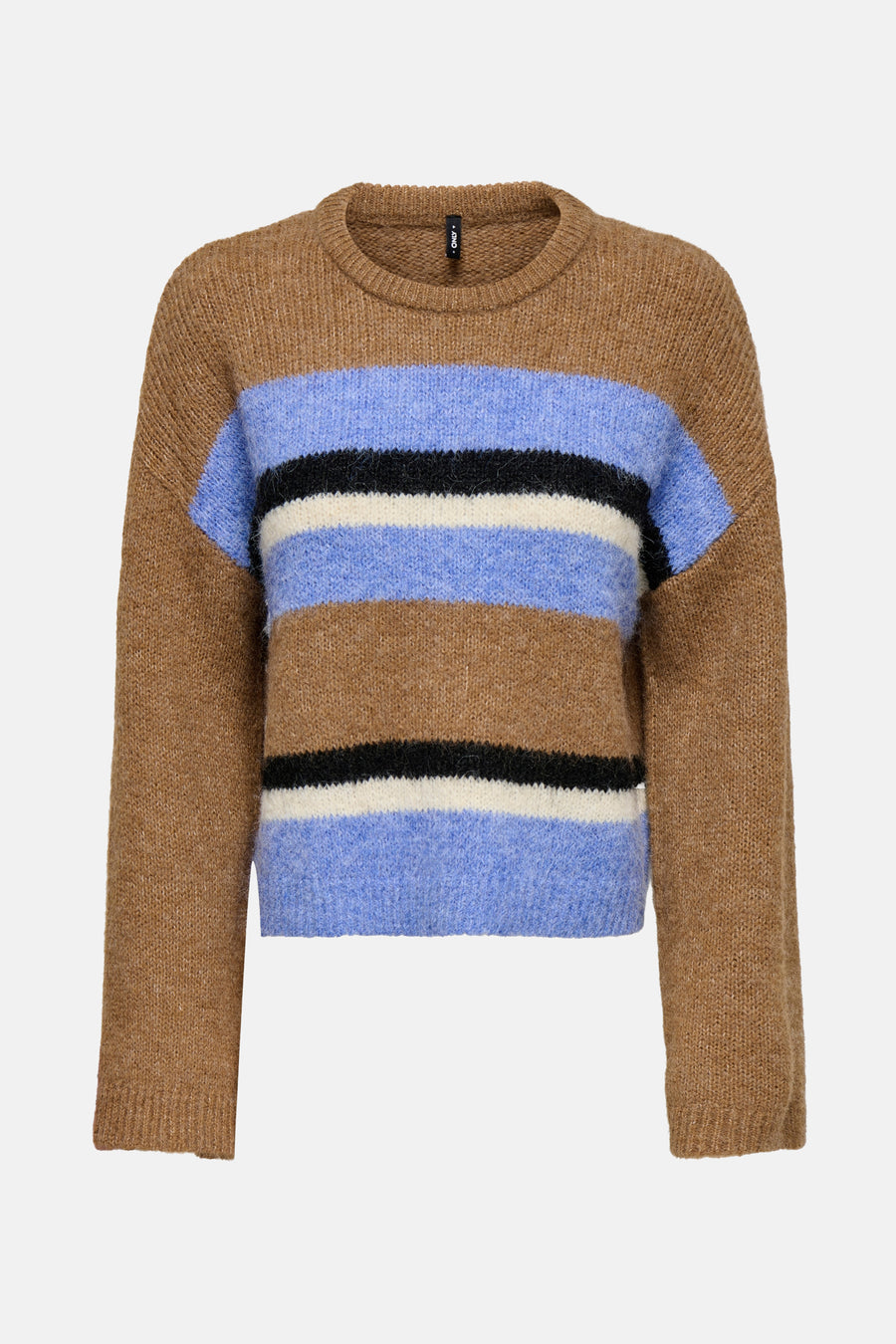 Pull col rond multicolore de ONLY, avec des rayures horizontales bleues, noires et blanches.