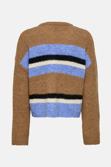 Pull col rond en tricot de ONLY®, rayures marron, bleu, noir et blanc.