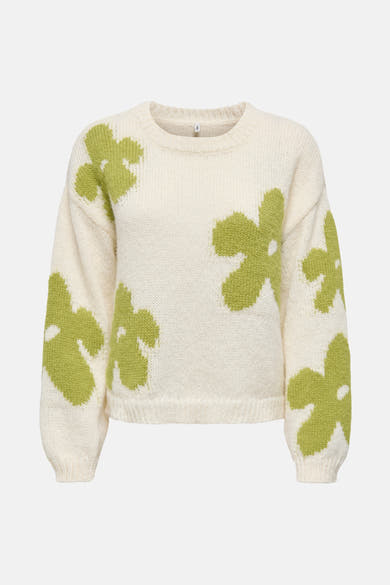 Witte gebreide trui met appelgroene bloemen van ONLY, met lange mouwen.