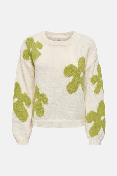 Witte gebreide trui met appelgroene bloemen van ONLY, met lange mouwen.