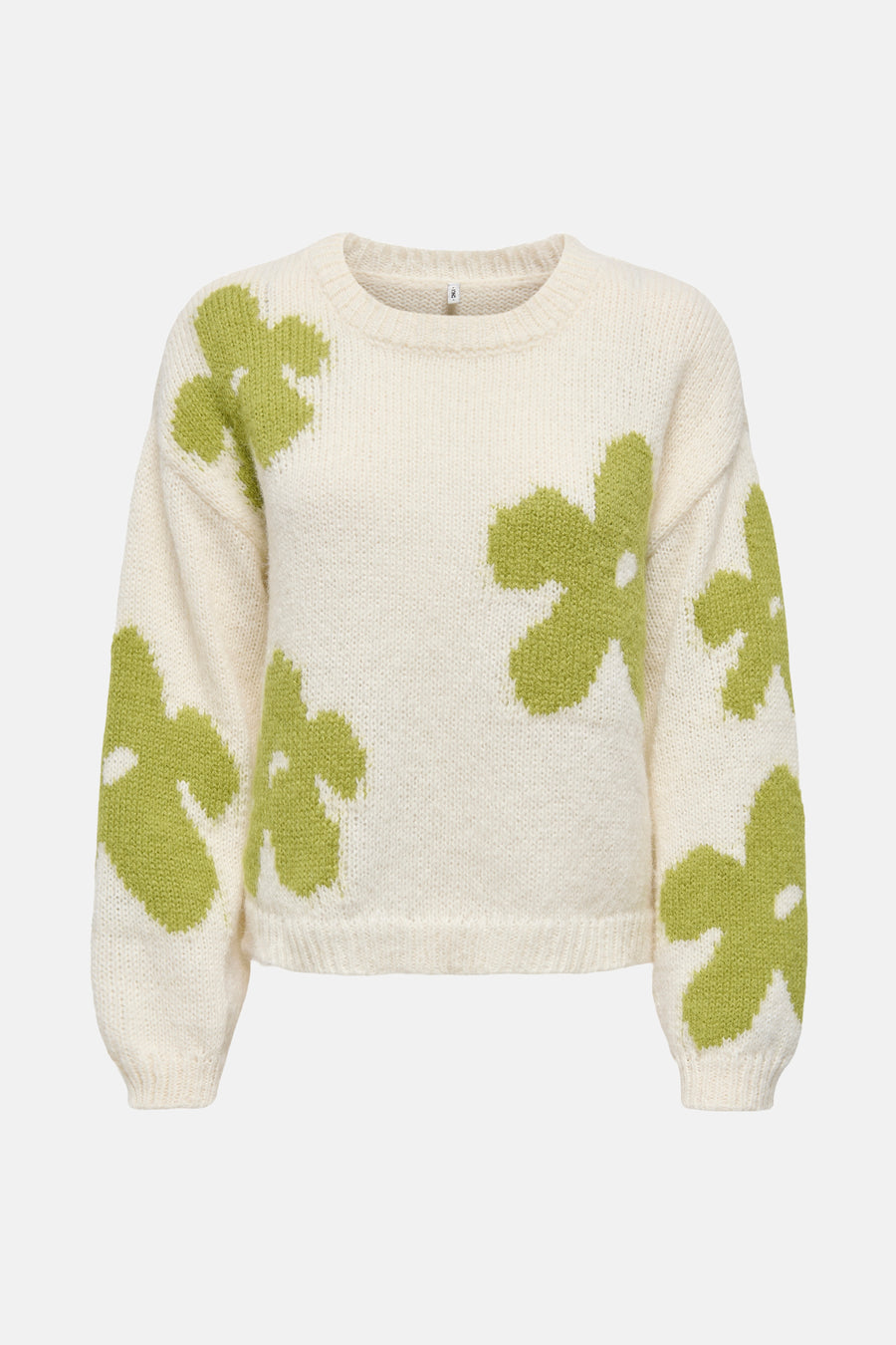 Witte gebreide trui met appelgroene bloemen van ONLY, met lange mouwen.