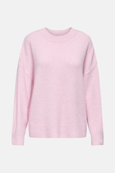 Pull à col rond rose de JDY, en maille douce et moelleuse, sur fond neutre.