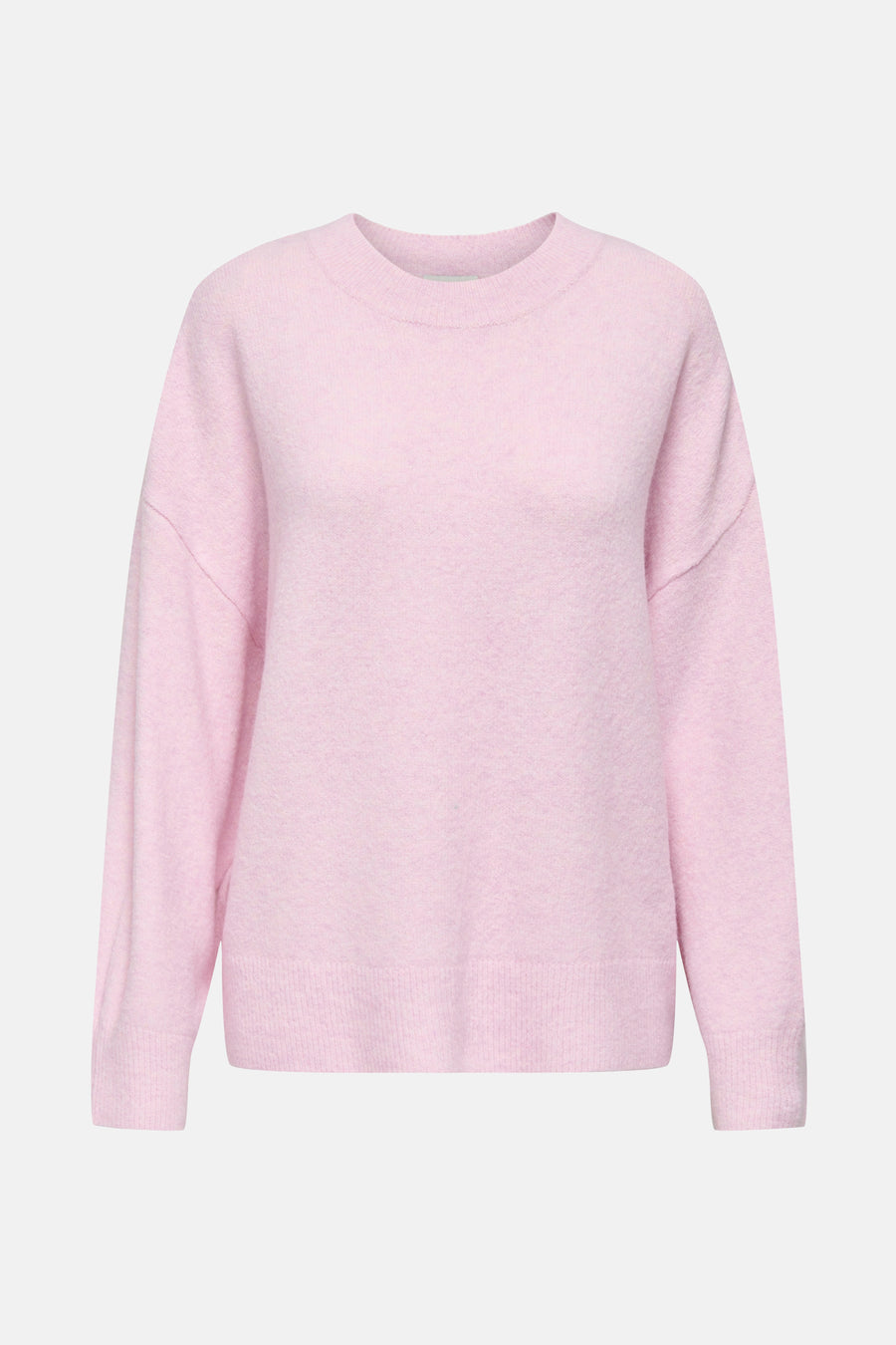 Pull à col rond rose de JDY, en maille douce et moelleuse, sur fond neutre.