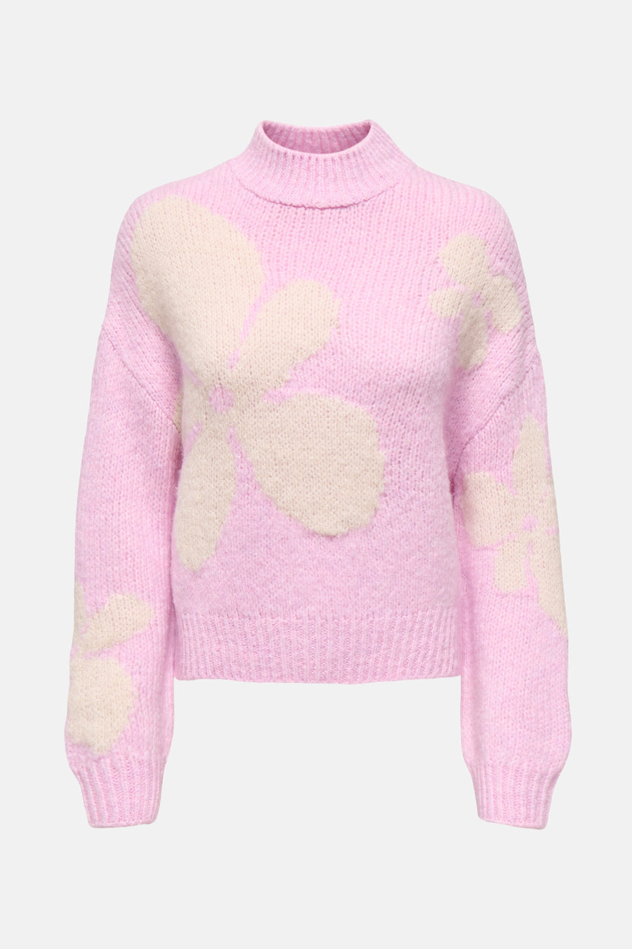 Pull à col roulé rose par JDY avec motif floral blanc cassé et texture tricotée.