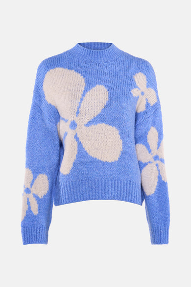 Blauwe coltrui van JDY met beige all-over bloemenprint.