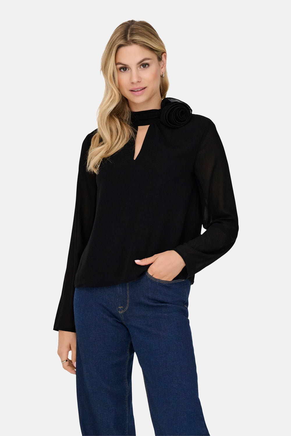 JDYNOMI L/S HIGH NECK ROSE TOP WVN