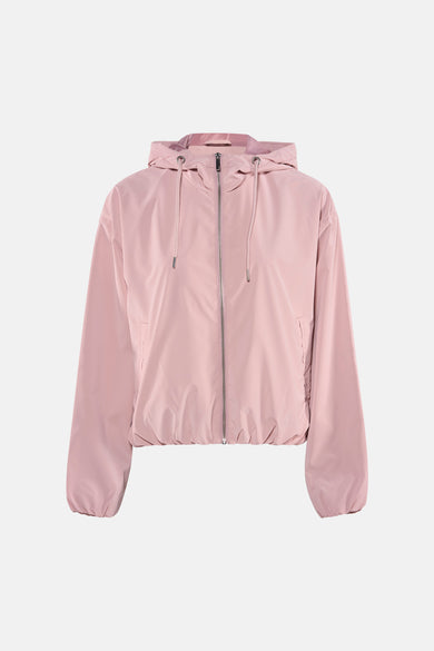 Korte roze jas van ONLY, met ritssluiting en zilveren trekkoord, zijzak.