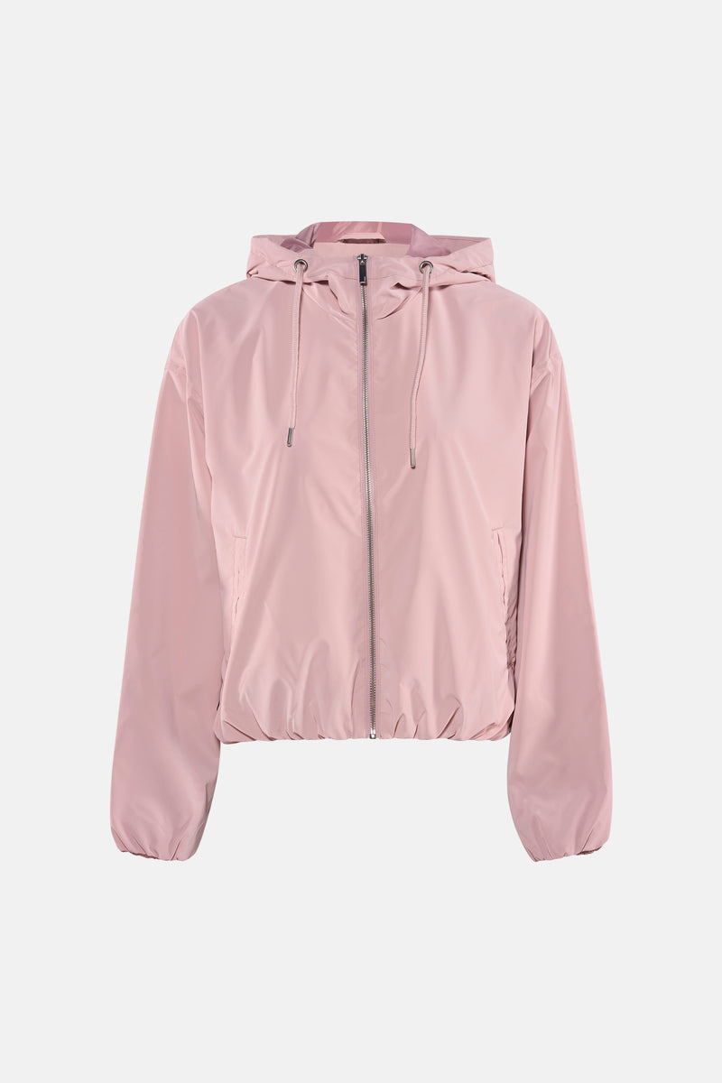 Korte roze jas van ONLY, met ritssluiting en zilveren trekkoord, zijzak.