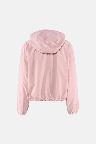 Veste courte rose de ONLY®, avec capuche et manches longues, vue de dos.
