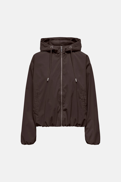 Brown waterproof hooded jacket with front zipper and side pockets, cropped fit, smooth nylon texture, front view