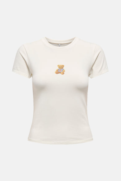Ecru T-shirt met korte mouwen van ONLY, effen op neutrale achtergrond.