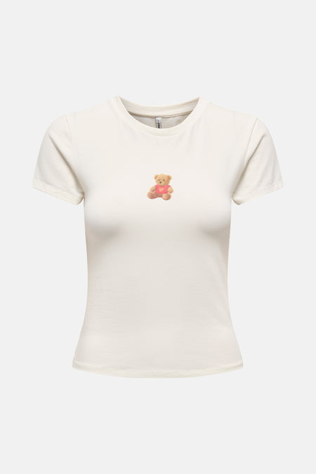 Ecru T-shirt met korte mouwen van ONLY, met een kleine teddybeerprint op de voorkant.