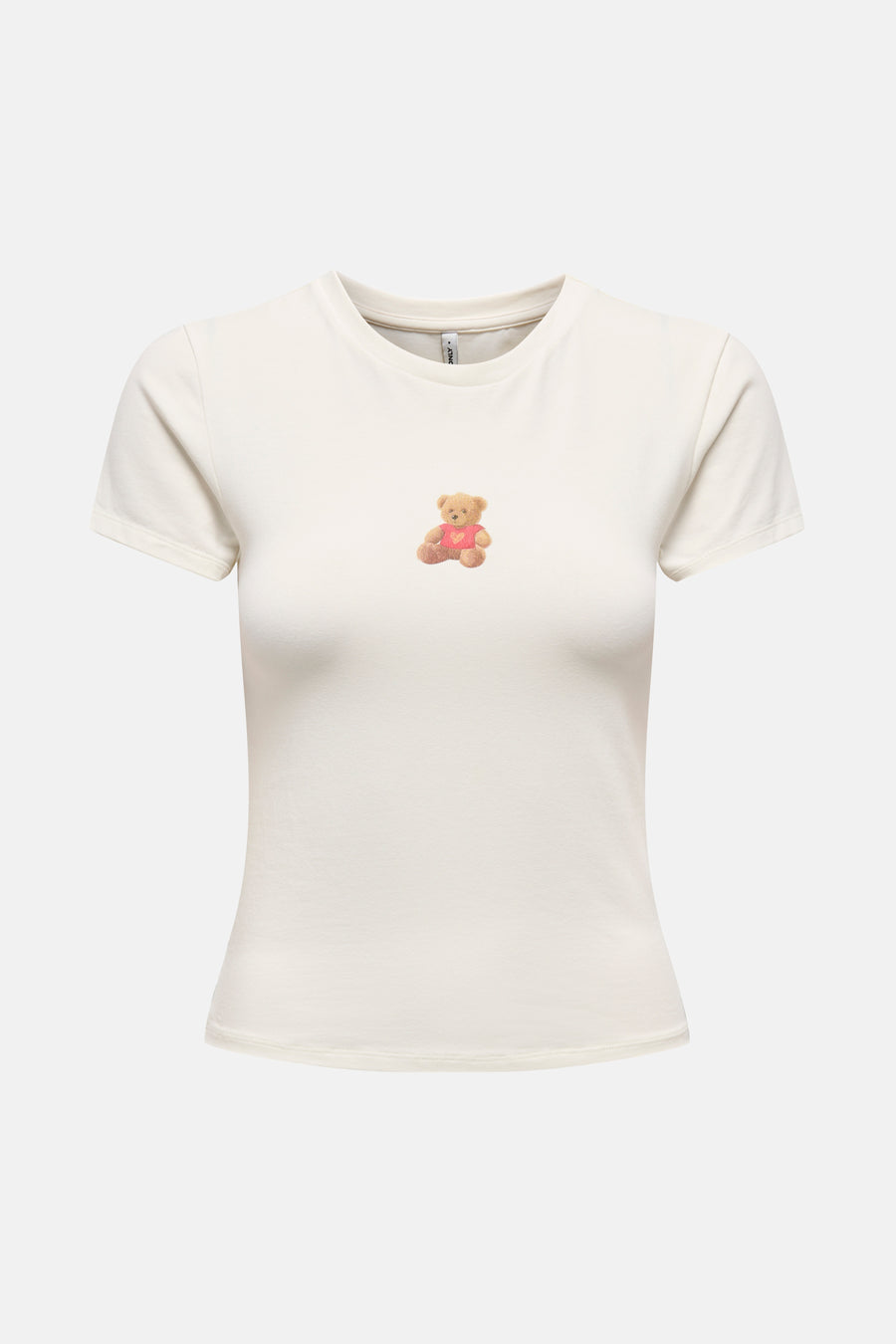 Ecru T-shirt met korte mouwen van ONLY, met een kleine teddybeerprint op de voorkant.
