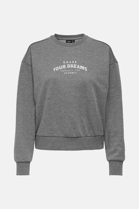 Grijs gemêleerd sweatshirt van ONLY, met fijne zilveren pailletten en lange mouwen, achterzijde.