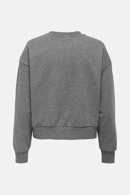 Sweat gris chiné de ONLY, avec fines paillettes argentées et manches longues, vue de dos.