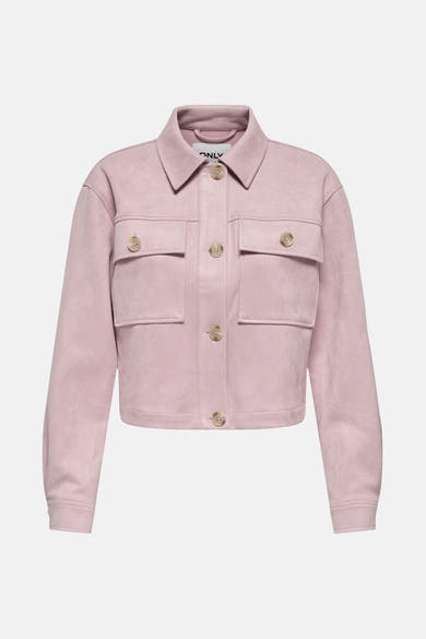 Kort roze suèdejasje van ONLY, met knoopbare klepzakken en een knoopsluiting aan de voorkant.