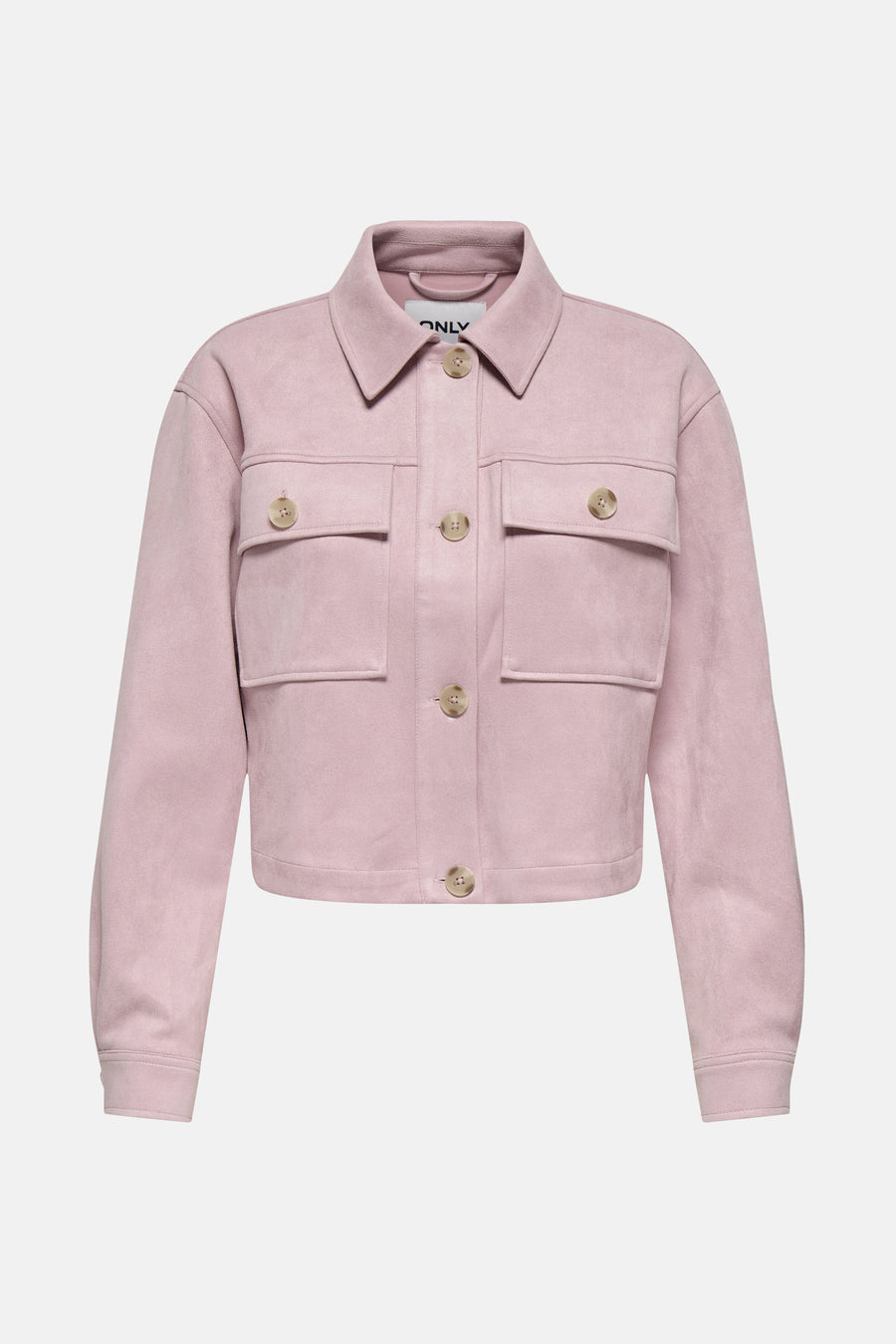 Kort roze suèdejasje van ONLY, met knoopbare klepzakken en een knoopsluiting aan de voorkant.