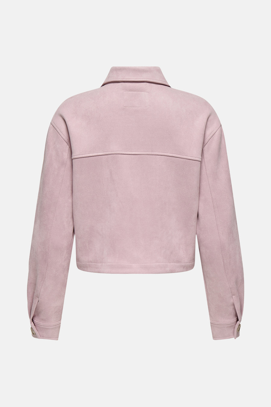 Korte roze suèdejas van ONLY, met overhemdkraag en pas achterop.