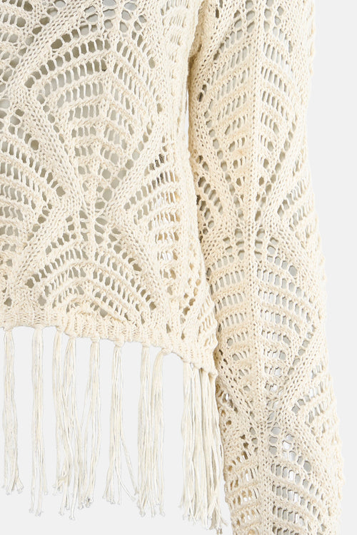 Pull beige de ONLY® en mailles ajourées avec motif géométrique et franges.