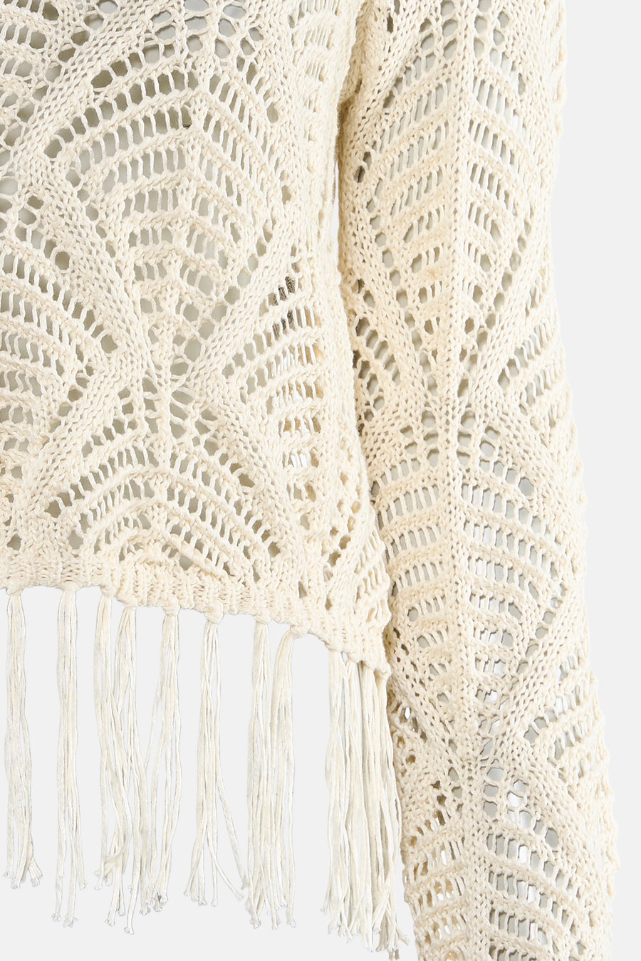 Beige trui van ONLY® in opengebreide structuur met geometrisch patroon en franjes.