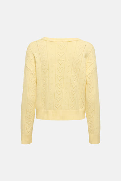 Gele rondehals trui van ONLY, met een opengewerkt hartpatroon.