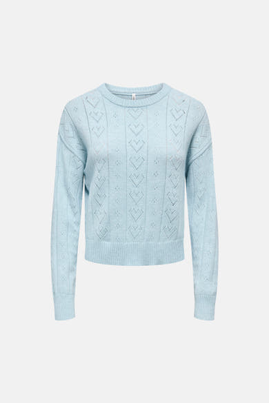 Blauwe trui met ronde hals van ONLY, met hartvormig ajourpatroon.