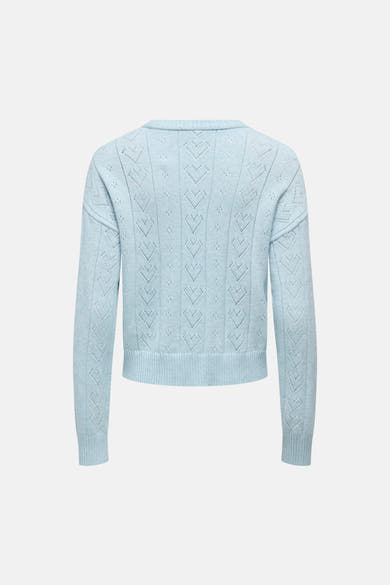 Ronde hals trui van ONLY in het blauw, met een hartvormig ajourpatroon.