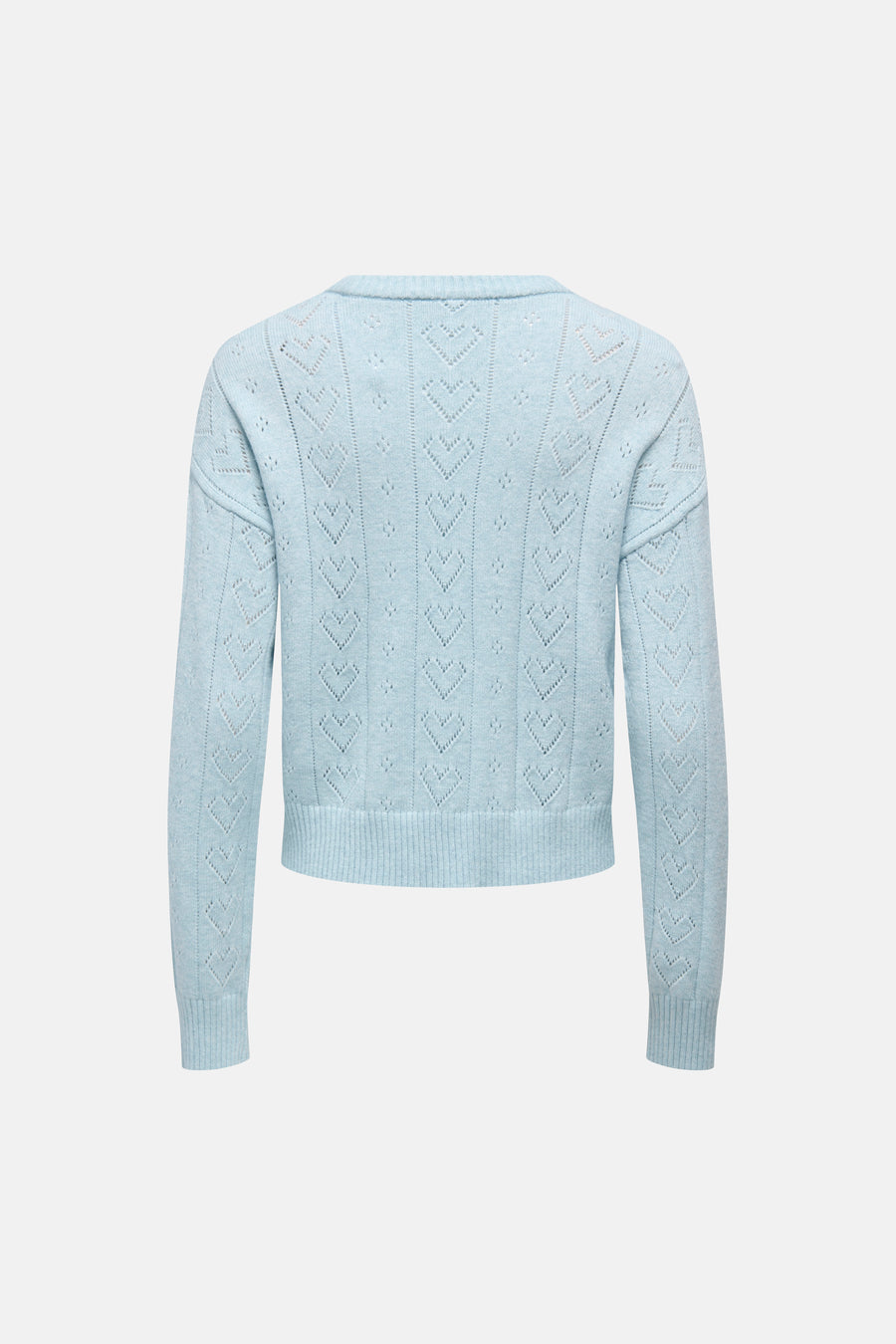 Ronde hals trui van ONLY in het blauw, met een hartvormig ajourpatroon.