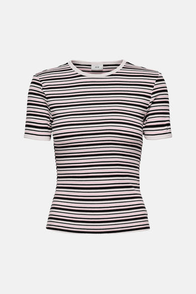 JDY meerkleurig T-shirt met korte mouwen, met zwarte en roze horizontale strepen op een witte achtergrond.
