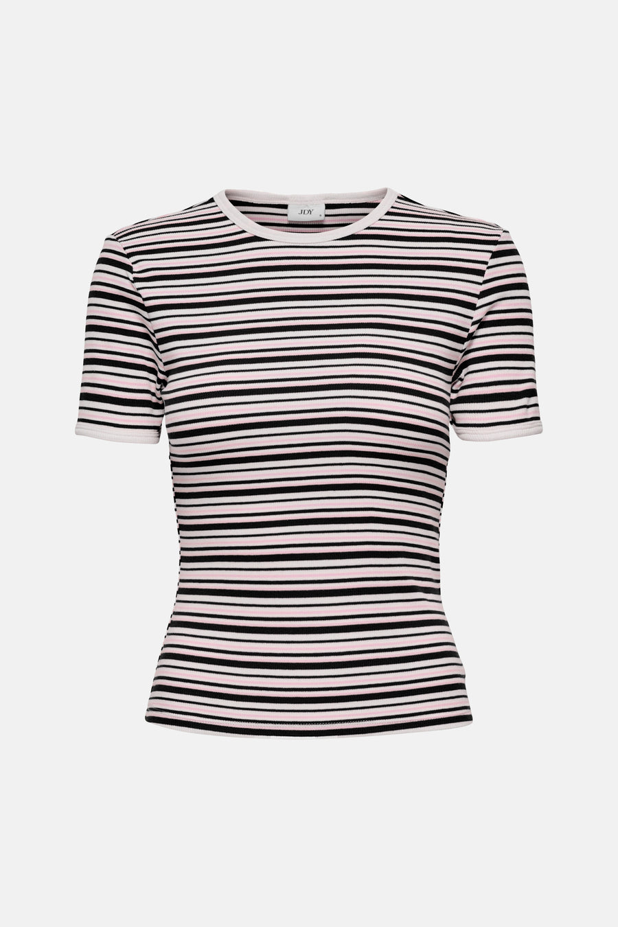 JDY meerkleurig T-shirt met korte mouwen, met zwarte en roze horizontale strepen op een witte achtergrond.