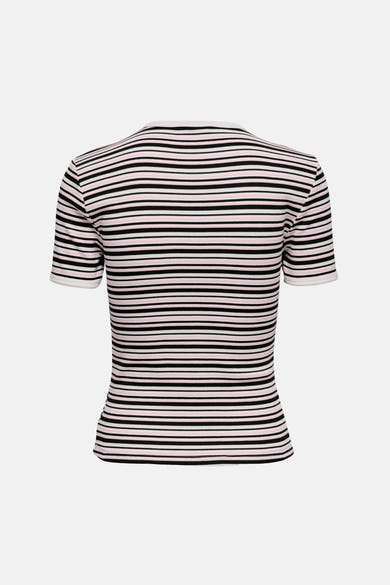 JDY meerkleurig T-shirt met korte mouwen, met zwarte en roze horizontale strepen, met een witte ronde hals.