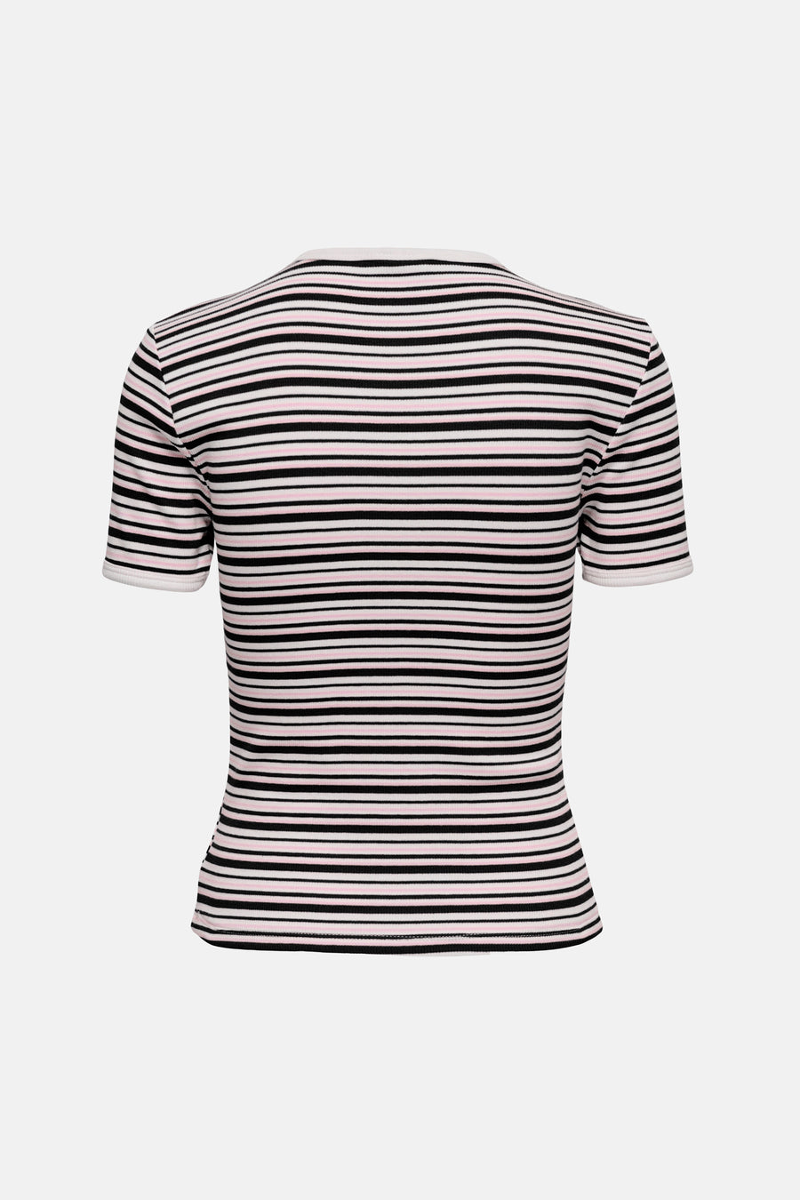 JDY meerkleurig T-shirt met korte mouwen, met zwarte en roze horizontale strepen, met een witte ronde hals.