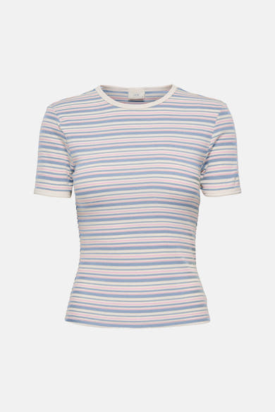 JDY meerkleurig T-shirt met korte mouwen, met roze en blauwe horizontale strepen, in ribgebreide stof.