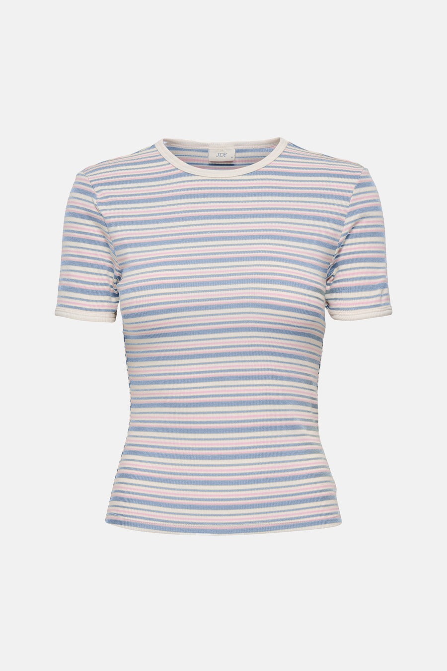 JDY meerkleurig T-shirt met korte mouwen, met roze en blauwe horizontale strepen, in ribgebreide stof.