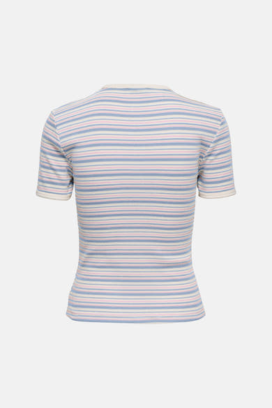 Multikleurig T-shirt met korte mouwen van JDY, met roze en blauwe horizontale strepen, nauwsluitende pasvorm.