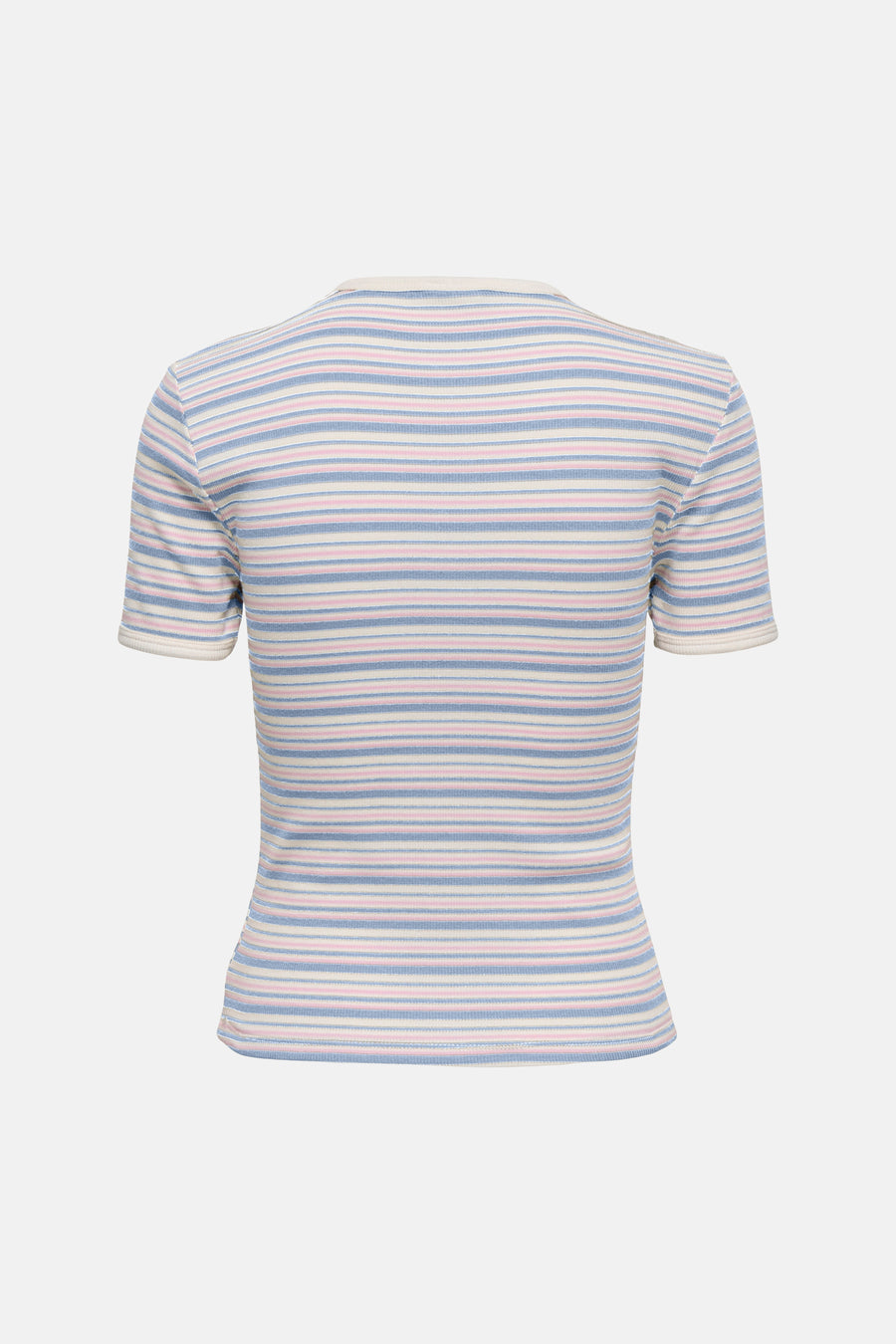 Multikleurig T-shirt met korte mouwen van JDY, met roze en blauwe horizontale strepen, nauwsluitende pasvorm.