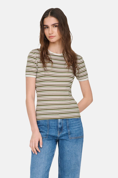 T-shirt à manches courtes multicolore de JDY, à rayures vertes, roses et blanches, porté avec un jean bleu.

