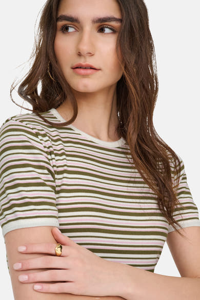 Multikleurig T-shirt met korte mouwen van JDY met horizontale roze, olijfgroene en witte strepen.