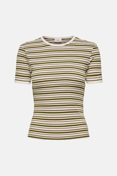 Multikleuren gestreept T-shirt met korte mouwen van JDY, in ribgebreide stof, met groene, roze en witte strepen.