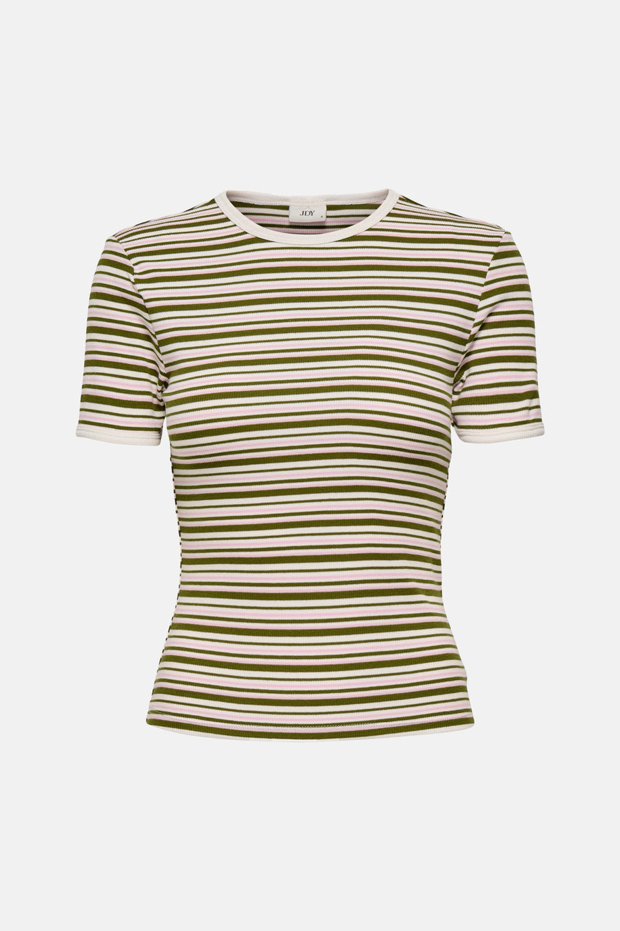 Multikleuren gestreept T-shirt met korte mouwen van JDY, in ribgebreide stof, met groene, roze en witte strepen.