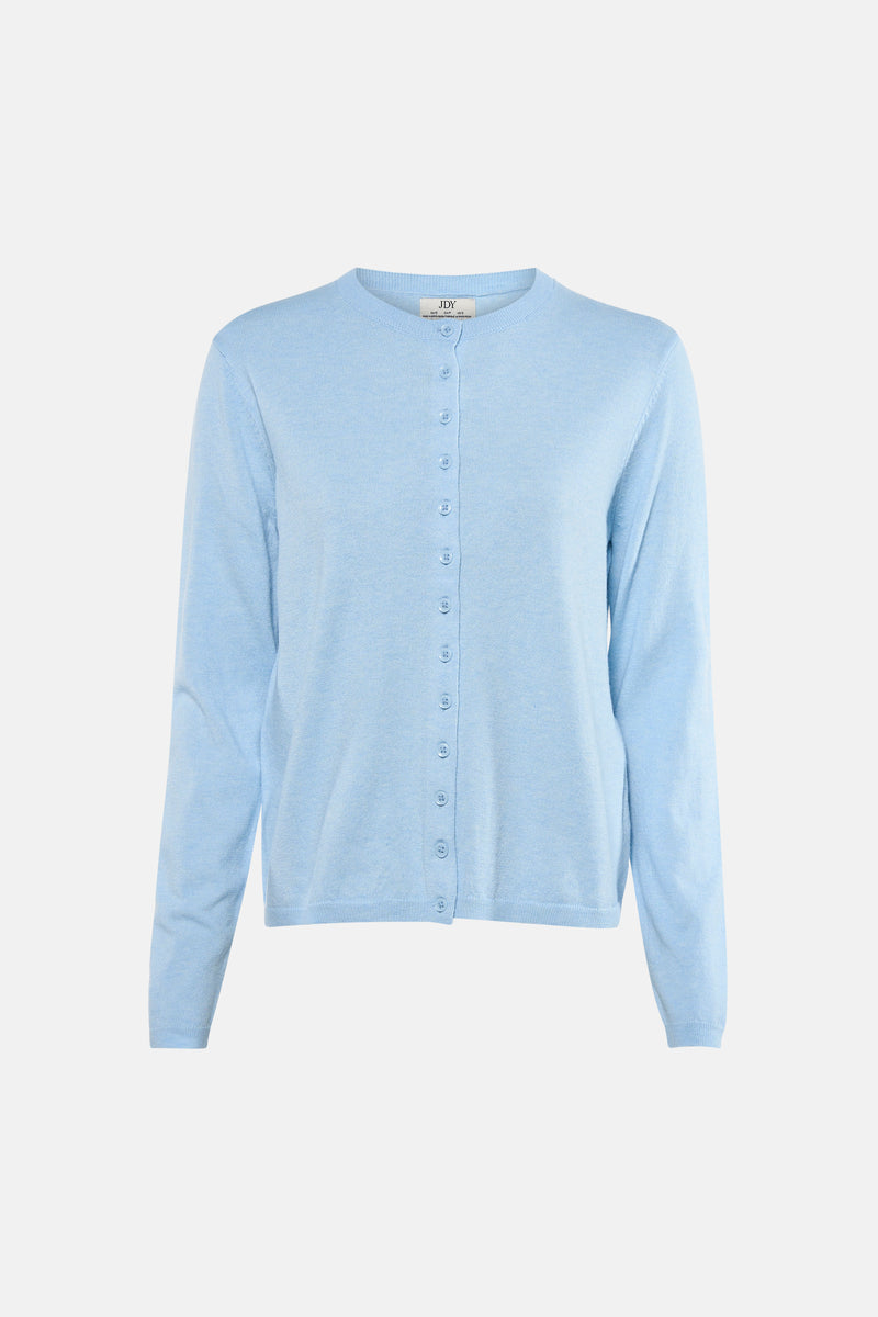 Cardigan bleu en tricot par JDY, avec une fermeture boutonnée sur le devant.