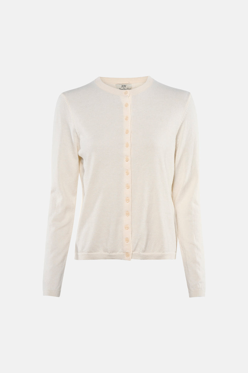 Cardigan beige de JDY avec une rangée de boutons ton sur ton et une encolure ras du cou.
