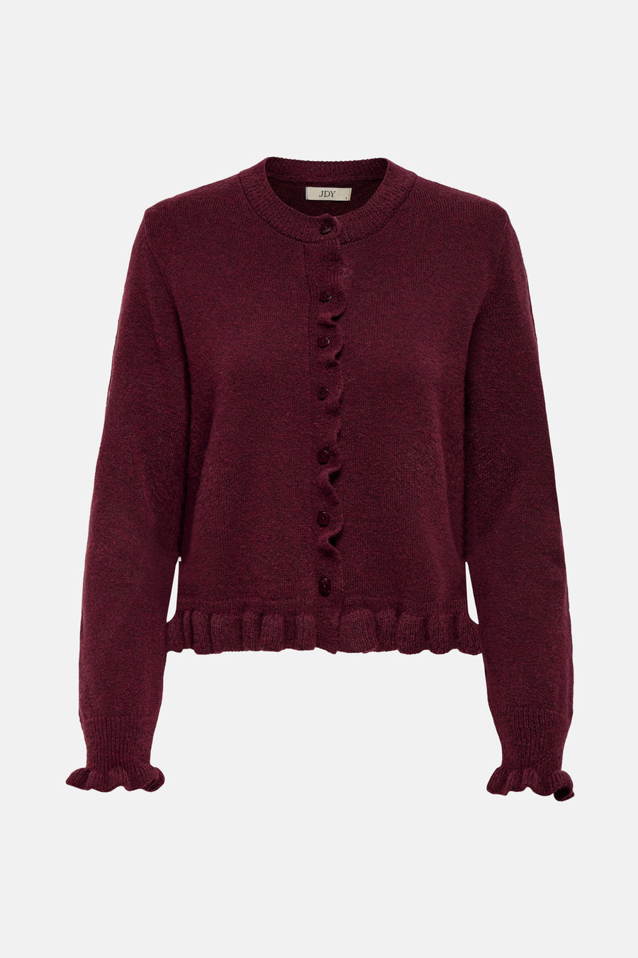 Bordeaux gebreid vest van JDY, met knopen en rucheszomen.