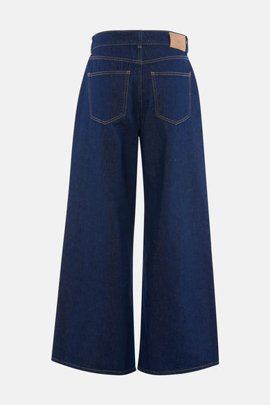 Jean large bleu moyen de ONLY, avec poches arrière et étiquette en cuir.